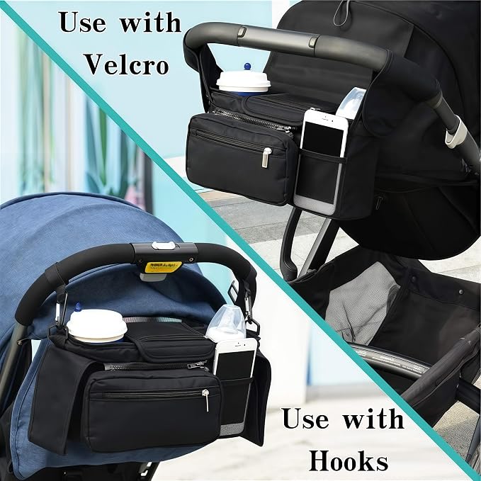 Compact Universal Stroller Organizer: Insulated Cup Holders, Detachable Phone Pouch + Shoulder Strap, Ideal for Parenting Journeys (Pink)