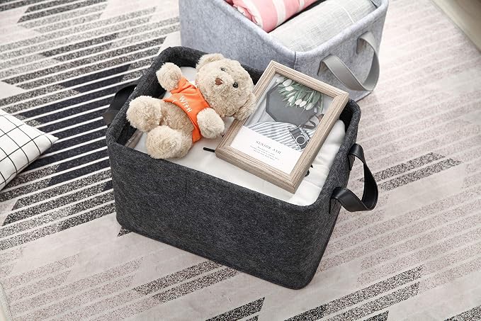 Collapsible Storage Bins Foldable Felt Fabric Storage Basket Organizer Boxes Containers with Handles PU Handles for Nursery Toys,Kids Room,Clothes,Towels,Magazine (PU-Dark grey, 15.9L×11W×9.8H)