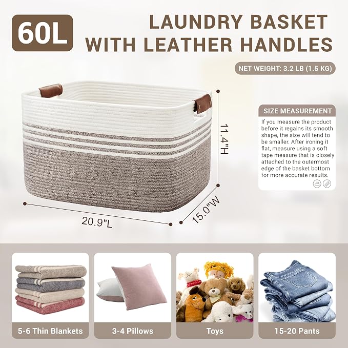 60L Woven Laundry Basket Hamper with Leather Handles,Dark Brown | collapsible wicker hamper, storage for dirty clothes, toys, blankets, gifts, living room, bedroom, bathroom, 21"x15"x11"