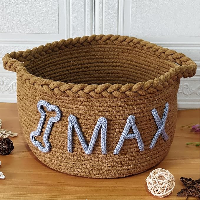 JUPPE Pet Dog Basket with Personalized Name, Dog Toys Storage Organizer Custom Cotton Rope Basket Nursery Decor (Custom Cat Basket)