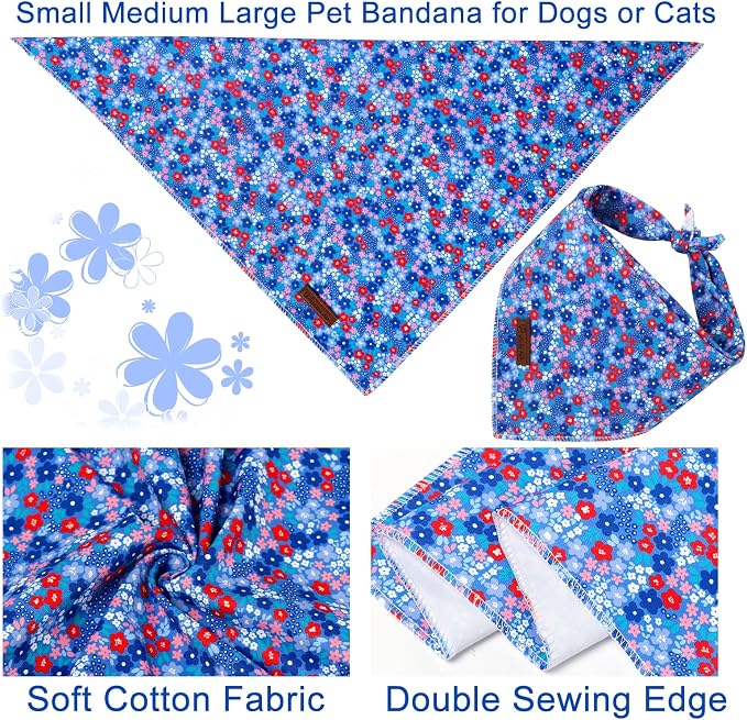 Spring Summer Dog Bandana, Red & Blue Floral Puppy Bandana for Small Medium Dog, Cotton Flower Pet Triangle Bid Scarf Kerchief for Girl Boy Dogs or Cats