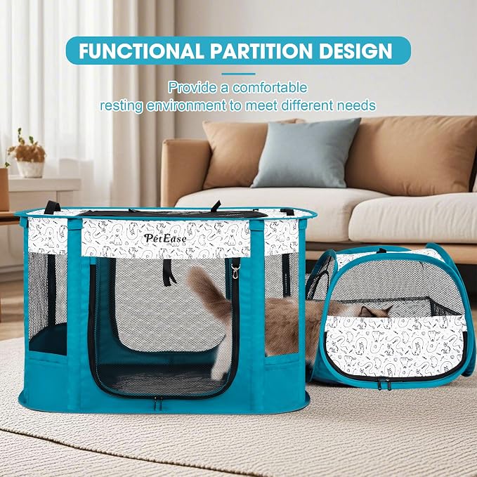 Portable Cat Playpen with Litter Box, Cat Enclosure for Camping, Cat Recovery Playpen After Surgery, Foldable Indoor Outdoor Pet Tent for Cats Rabbits Puppies (Peacock Blue)