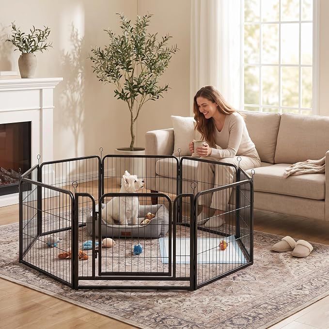 Kfvigoho Puppy Playpen 8 Panels Small Dog Fence Outdoor Indoor Use 24" | Anti-Rust Coating-Strengthened Dog Fence with Doors Portable for RV Camping Yard, Total 17FT, 25 Sq.ft, Snowy Black