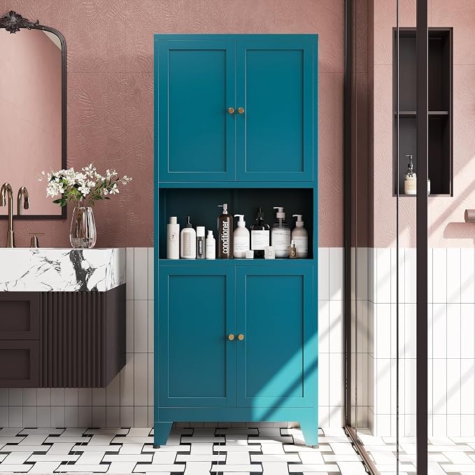 69"H Blue Storage Cabinets,Metal Cabinet with Doors and Shelves,Tall ,Bathroom Storage Cabinet,Large Cabinets with Glass Doors and Adjustable Shelves,Cabinet for Bathroom, Living Room, Dining Room