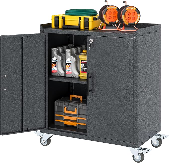 GAIOUS 35.6'' Tall Metal Garage Storage Cabinet with Wheels,Rolling File Cabinet with Lock and Adjustable Shelves,Outdoor Steel Tool Cabinet for Home,Office,Garage,Black
