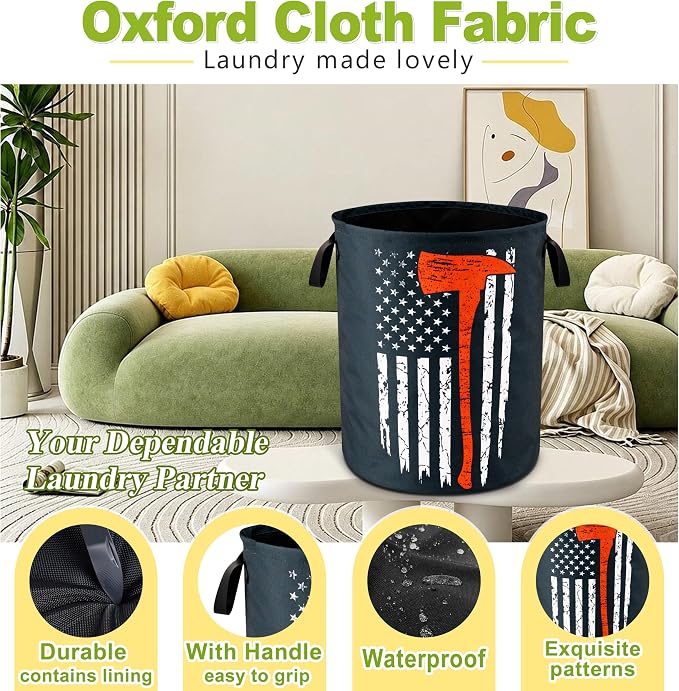 American Flag Red Line Ax Laundry Basket Foldable Waterproof 18.9x16.5 Inch | Oxford Cloth Hamper With Reinforced Handles Lining Large-Capacity Storage For Bathrooms/Laundry Rooms/ Living Rooms/Bedrooms