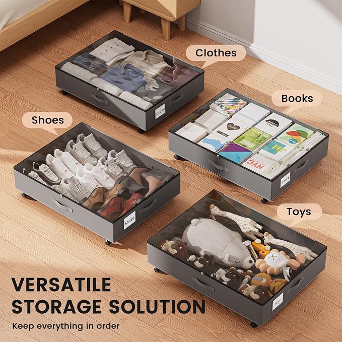 XXXL 78L Under Bed Storage with Wheels, Rolling Storage Containers with Clear Lid & Label, Heavy-Duty Metal Frame, Easy Pull-out, Underbed Storage Bins for Clothes, Shoes, Blankets, and Toys(2PACK)
