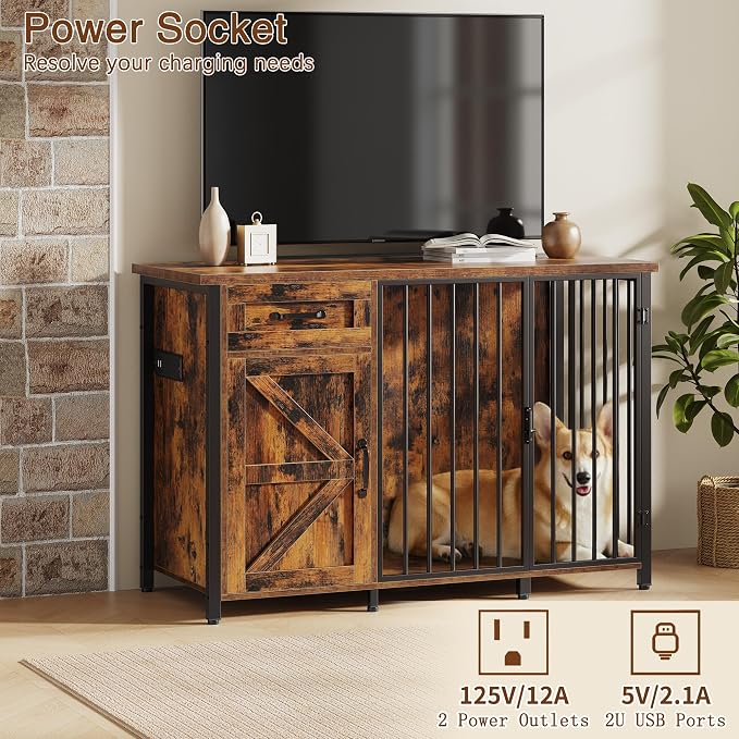 Spacesea 30" Dog Crate Furniture with Storage Drawers and Cabinet, Wooden Farmhouse Dog Kennel Indoor with 900 lbs Capacity Steel Frame, Built-in Power Outlets