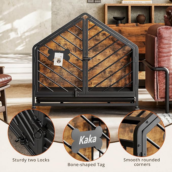 IRONCK 27.6" Dog Crate Furniture with Pull-Out Tray and Wheels | Roof-shape frame. 4 wheels and pull-out tray. Bone name tag. For small medium dogs.