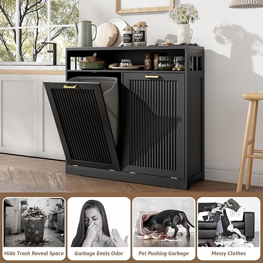 13 Gallon Double Tilt Out Trash Can Cabinet with Open Shelf & Storage - Pet Proof Hidden Recycling Cabinet & Wooden Laundry Hamper for Kitchen, Bathroom, Living Room, Black