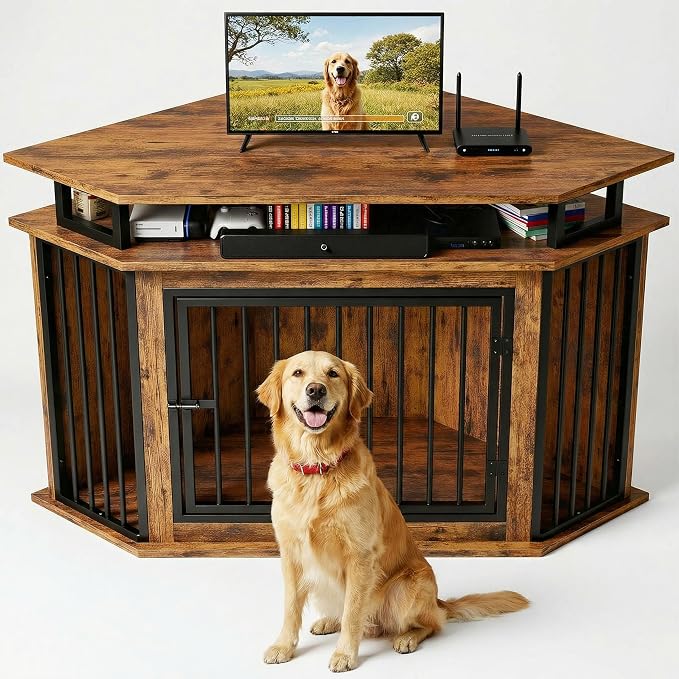 IRONCK 51" Large Corner Dog Crate Furniture with 2-Tier Storage Shelves | 10mm thickened iron frame. 2-tier shelves and 200 lb top. Space-saving design. 26.7" L x 51.2" W x 33.5" H. Rustic Brown