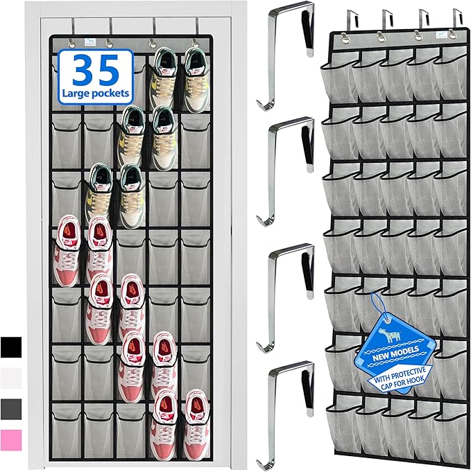 Over the Door Shoe Organizer, 2025 Upgrade 35 Large Pockets for Shoe Storage, Hanging Shoe Holder with Metal Hook, Clear Shoe Rack for Closet Bathroom Door Space Saving - Grey/Black