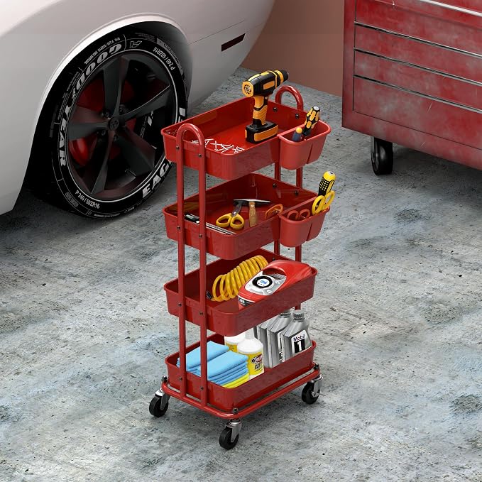 Simple Houseware 4-Tier Rolling Utility Cart with Hanging Bucket, Red | Storage for Bathroom, Kitchen, Office, Study Room, Nursery Diaper