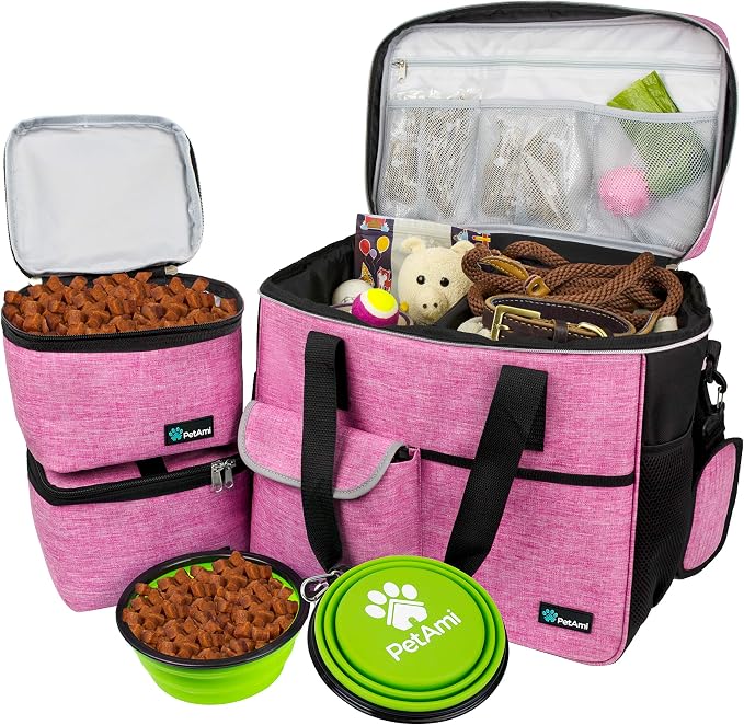 PetAmi Dog Travel Bag Organizer, Pet Supplies Tote Diaper Bag, Pink Large | Pet Travel Kit with 2 Food Containers & 2 Collapsible Dog Bowls, Luggage Sleeve, Weekend Getaway Road Trip Camping Essentials
