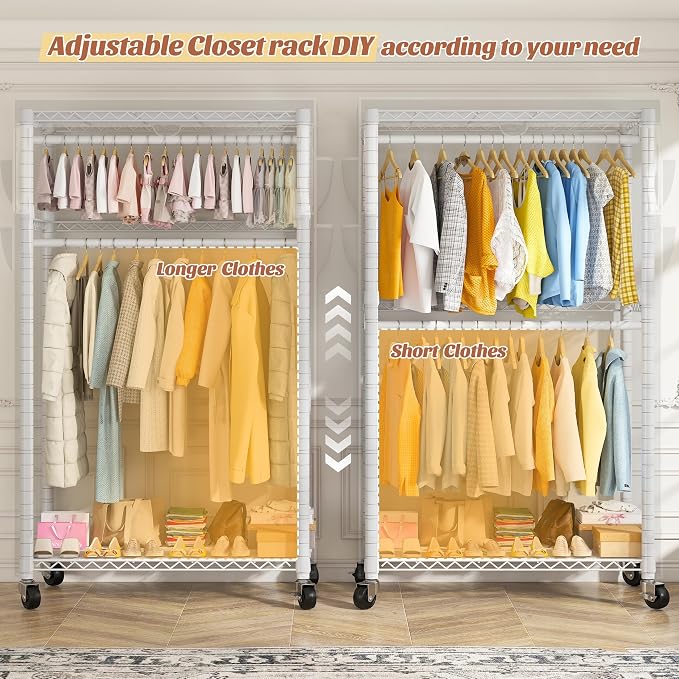 Raybee Clothes Rack with Cover, Rolling Portable Closet, 2 Rods & 2 shelves | Heavy Duty, Tool-free Assembly, Adjustable, Lockable Wheels, Freestanding, Covered, Zippered, Saving Space for Bedroom,Dorm