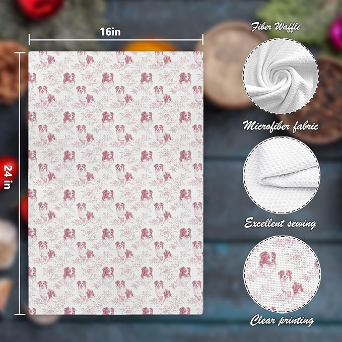 Border Collie Dog Gifts for Pink Chinoiserie Floral Decor Kitchen Towels，Pink Border Collie Dog Grandmillennial Decorative Dish Tea Towels for Kitchen Bathroom,16x24 Inch