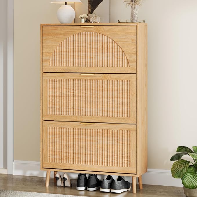Shoe Storage Cabinet with 3 Flip Drawers, Narrow Wood Shoe Organizer Cabinet with Fluted Panel, Slim Shoe Rack for Entryway, Freestanding Shoe Cabinet for Living Room, Hallway, Wood Color