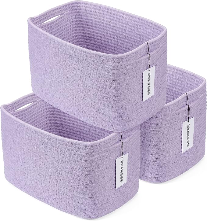 XUANGUO Woven Cotton Rope Storage Baskets 15x10x9.3" 3 Pack Purple Lavender | Decorative rectangular storage baskets for shelves and closets; storage bins organize clothes, toys, books and nursery items.