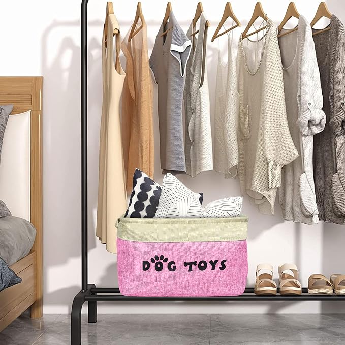 PET ARTIST Dog Toy Basket, Large Collapsible, Pink, M: 15"x11"x9" | Dog Toy Bin Box, Comfortable Handles, Large Pet Toy Storage Organizer, For Accessories, Toys, Coat & Clothing, Blanket Leash