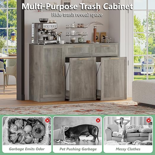 Double 13 Gallon Pull Out Trash Can Cabinet with Storage Cabinet,Wood Grey | Pet Proof Hidden Garbage Can Cabinet,3-Tier Shelves,Fluted Design,Extra Drawer Space,Kitchen & Dining Room Organization