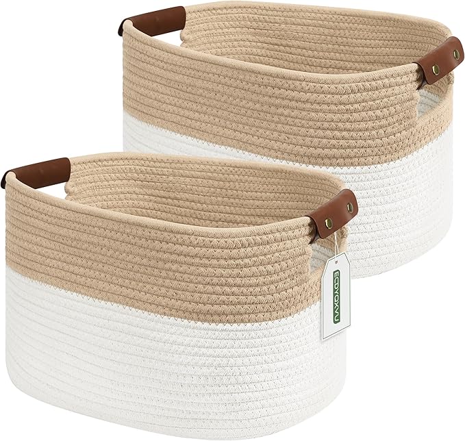 ECDYQXVU 15x10x9 Woven Cotton Rope Storage Basket, Leather Handles 2 Pack | Foldable Design, Sturdy PU Handles, Easy to Clean Organizer for Living Room, Closet, Shelves, Bedroom, Laundry, Clothes