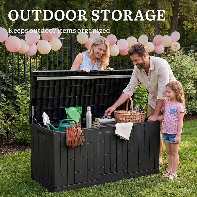 YITAHOME Large Deck Box 120 Gallon Resin Outdoor Storage Box | Patio Storage Bin and Bench Seat for Outdoor Pillows, Garden Tools and Pool Supplies, Waterproof Lockable, Black