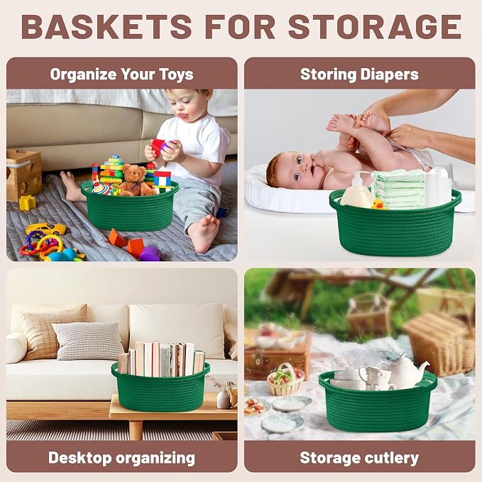 Bufims Small Woven Green Gifts Basket for Storage Empty with Ribbons and Bags Durable Cute Gifts 12"X 8" X 5" Small Rope Basket for Gifting