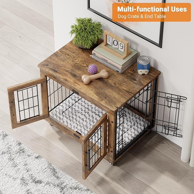 2 Pack Dog Crate Furniture, 27.1'' Heavy Duty Kennel with Cushion & Wheels | Rustic Brown, Double Doors, Wooden Dog Cage, Chew-Resistant, End Table, Decorative, 27"/32"/38"/44" Options, Indoor