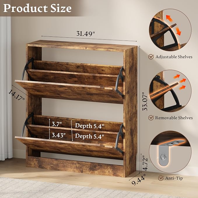 BORNOON Shoe Cabinet with 2 Flip Drawers, Slim Narrow Shoe Storage Cabinet, Freestanding Shoe Organizer with Adjustable & Removable Shelves, Top Display Shelf for Entryway, Hallway, Foyer, Closet
