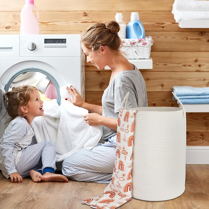 XUANGUO White Cotton Rope Laundry Basket Hamper for Clothes Large | Baby Nursery Hamper Bin and Woven Storage Basket for Living Room Bedroom Boho Tall Rope Baskets Blankets Toys Pillow Towels