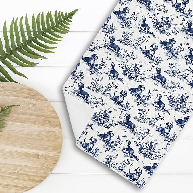 Chinoiserie Dachshund Floral Kitchen Towels, Blue and White Floral Botanical Dachshund Decorative Dish Tea Towels, Grandmillennial Weiner Dog Hand Towels for Kitchen Bathroom, 16x24 Inch