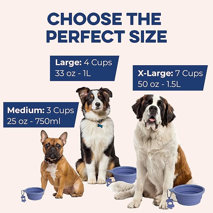 Bonza Collapsible Dog Bowl - Portable Travel Water Bowl for Dogs - Dishwasher Safe Silicone Pet Dish - Collapsible Pet Dish with Carabiner Clip - 50 Oz, X-Large, Navy Blue