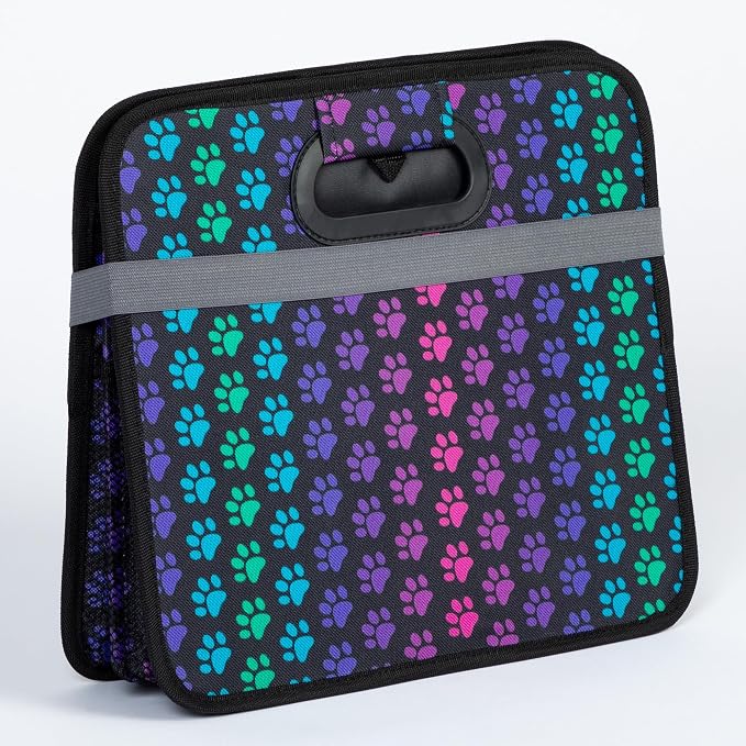 GreaterGood Paws Car Trunk Organizer Foldable Storage Bin with Handles Non Slip Base Pet Gear Travel Tote for SUV Truck (Rainbow Paws)