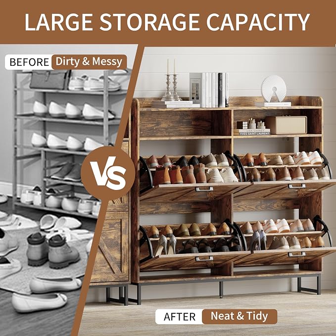 Xixini Shoe Storage Cabinet with 4 Flip Drawers, Entryway Shoe Rack, Brown | Freestanding Narrow Shoe Storage, Hidden Slim Wood Shoe Organizer, Modern Farmhouse, Open Storage & Hooks for Closet, Hallway