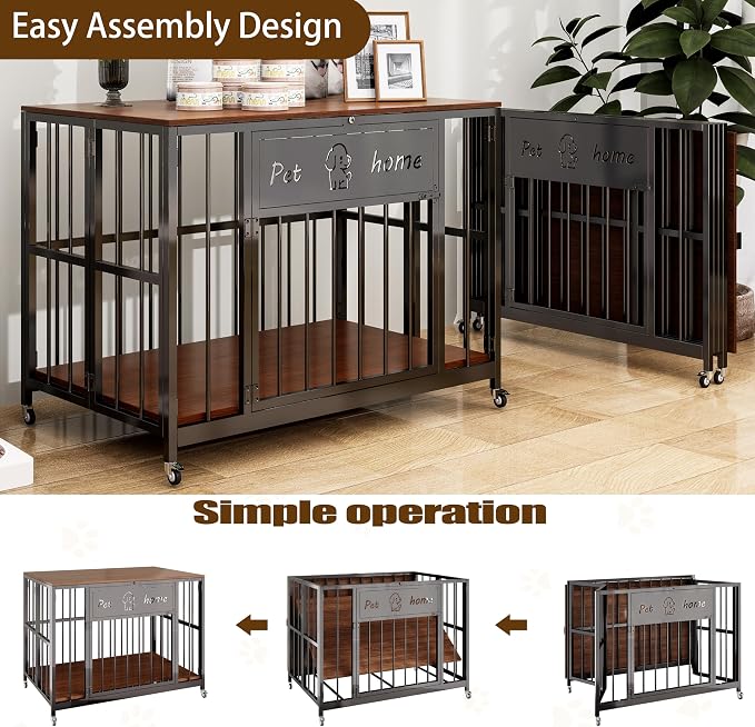 31.5" Foldable Dog Crate Furniture for Medium Dogs, Walnut | Wooden Construction, RGB Ceiling Lights, Silent Casters, End Table TV Stand