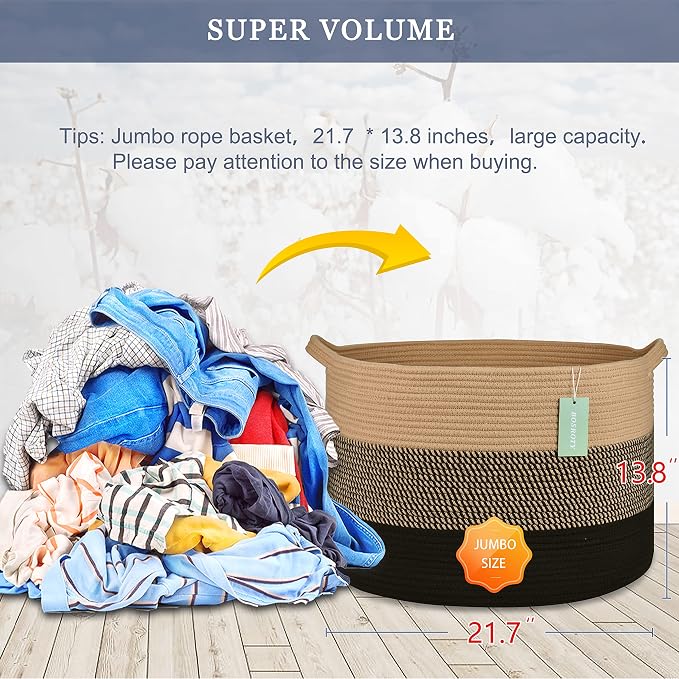 Large Cotton Rope Blanket Basket, 87L Laundry Hamper, Brown & Black