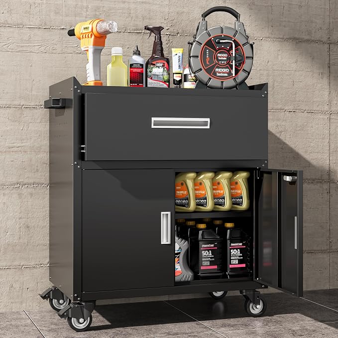 COFaR Metal Rolling Tool Cabinet with 1 Drawer and 2 Lockable Doors, Black | 35''H Profile with A 120 LB Adjustable Shelf, 200 LB Top, Four Swivel Casters and Side Handle for Garage or Workshop