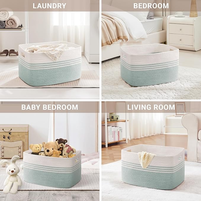 60L Woven Laundry Basket Hamper with Handles, Green | collapsible wicker hamper, storage for dirty clothes, toys, blankets, gifts, living room, bedroom, bathroom, 21"x15"x11"