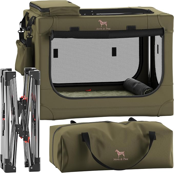Noah & Paw Collapsible Dog Crate 26 Inch, Small Dog Crate for Small Medium Breeds, Travel Kennel for Car, Including Pet Mat for Pet Cage, 2 Storage Pockets, Handbag, 10mm Locking Zipper 26 * 17 * 17