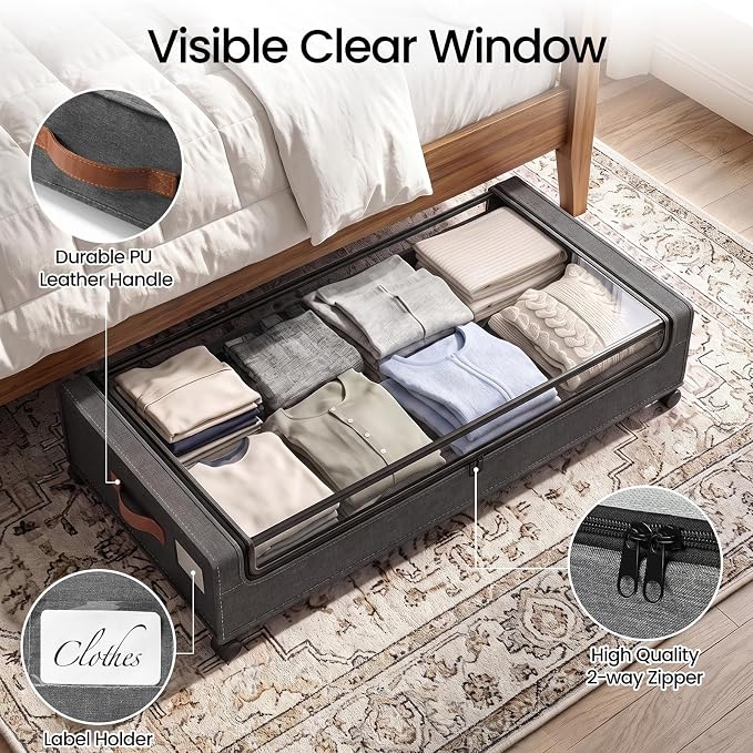 Yecaye 70L Under Bed Storage with Wheels, 2Pack Larger Capacity Under Bed Storage Containers, Underbed Shoe Storage Organizer, Rolling Under Bed Metal Drawers for Clothes, Blankets(35.5 x 17 x 6.7in)