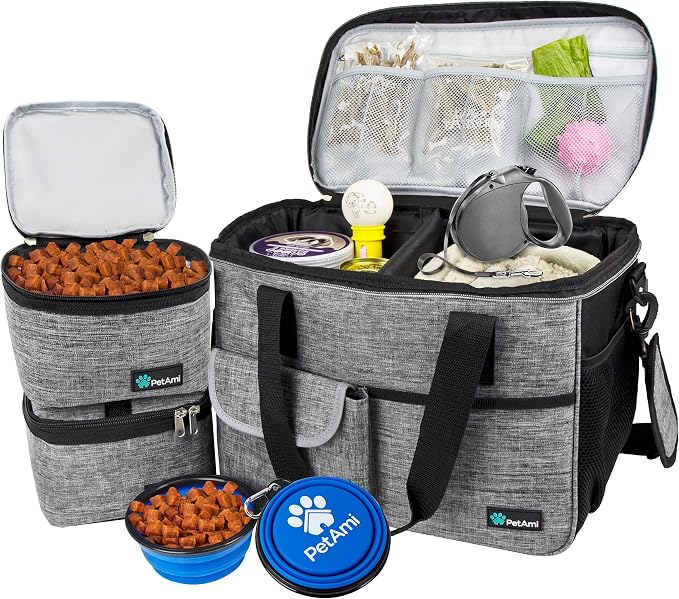 PetAmi Dog Travel Bag Organizer, Pet Supplies Tote Diaper Bag, Gray Medium | Pet Travel Kit with 2 Food Containers & 2 Collapsible Dog Bowls, Luggage Sleeve, Weekend Getaway Road Trip Camping Essentials