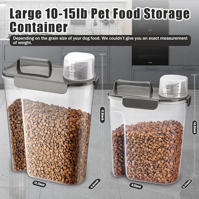 TIOVERY Dog Food Storage Container, 10 Lbs Airtight Pet Food Containers, Cat Food Container Dispenser Bin with Pouring Spout, Portable Handle & Measuring Cup for Dog Treats, Cat Kibble, Bird Feed Grey