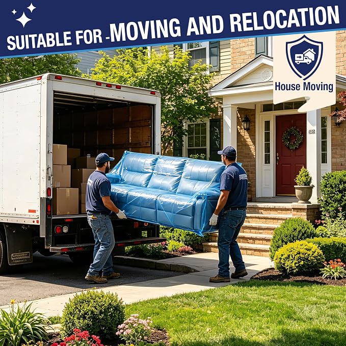 Extra Large Sofa Moving Cover for Storage Transportation, Sofa Couch Clear Plastic Moving Cover with Labels, Waterproof and Dust Proof, Bag Open Size 92x 62 x 42 Inch, Blue, 2 Pack