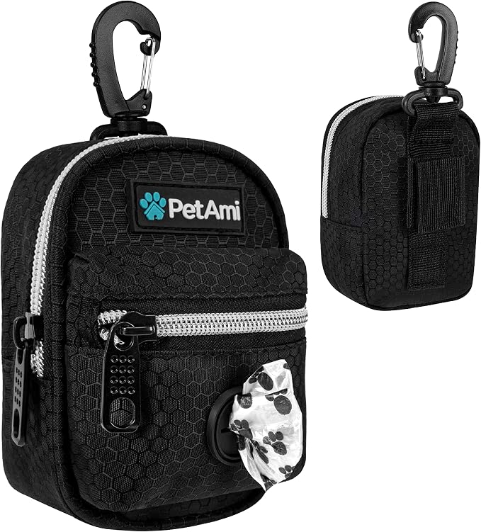 PetAmi Dog Poop Bag Holder for Leash, Waste Bag Dispenser Pet Pouch, Black | Doggy Puppy Walking Accessories Travel Camping, Dog Treat Pouch Supplies Must Have, Doggie Poo, Jogging, Walks