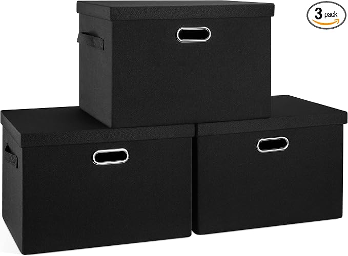 Graciadeco Large 17" 36 Quart Collapsible Stackable Storage Bins with Lids, 3 Packs Black Linen Fabric Closet Boxes with Lids, Storage Cube Baskets Container Organizers for Bedroom Office(17 x12 x11) | 36 Quart 3 Pack Black Collapsible Stackable Linen ...