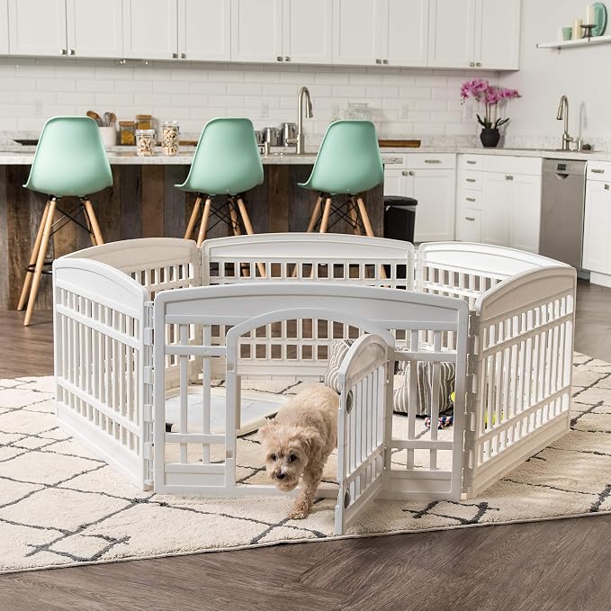 IRIS USA 6-Panel Dog Playpen, Pet Enclosure, White | Puppy Training, Custom Pen Configuration, Flexible Boundary, Configurable Layout, Secure Door Latch, Stable Non-Tip Base