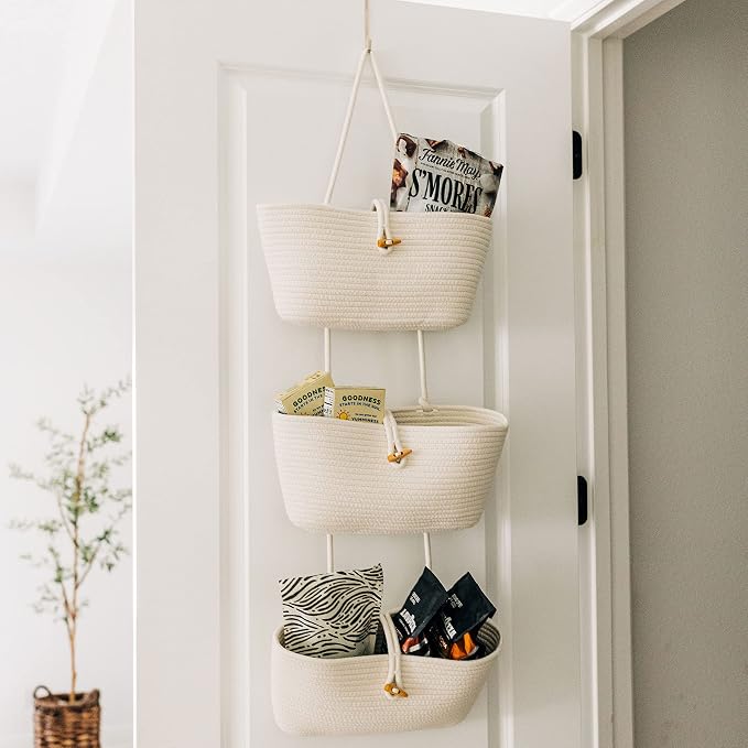 OrganiHaus Over the Door Organizer, Woven Rope Hanging Baskets, 3-Tier | Cotton Wall Storage Basket For Nursery Decor, Entryway, Bathroom, Playroom Or Dorm, Mounts On Door Or Wall, Off-White