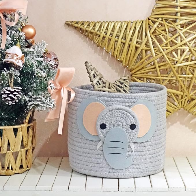 T&T Homewares Small Cotton Rope Baskets with Safari Theme Design for Baby Diaper Organizer, Nursery Storage, Nursery Room Decor, Kids Room Organizer, Cat Dog Toy Storage (Small Elephant)