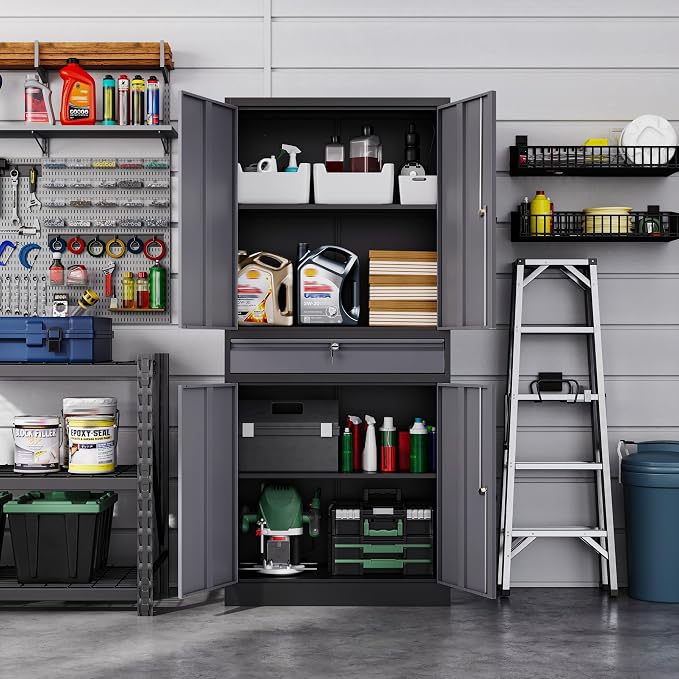Metal Garage Storage Cabinet with Drawer,4 Door Tool Cabinet with Lock-2 Adjustable Shelves for Garage Home Office Utility Room (Black & Gray)