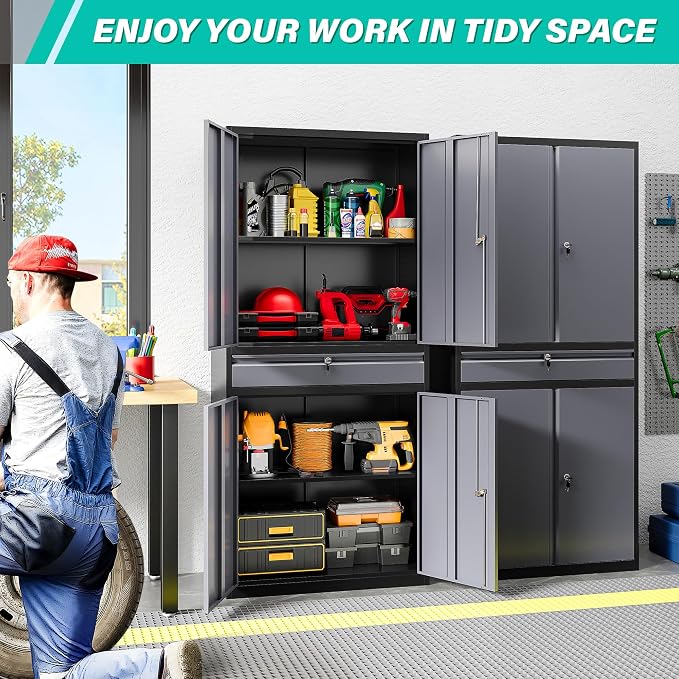 Metal Storage Cabinet with Doors and Shelves,Garage Storage Cabinets with Lock and Drawer,Metal Cabinet with Locking Doors,4 Door Steel Cabinet,71" Tall Lockable Cabinets for Garage,Home,Office